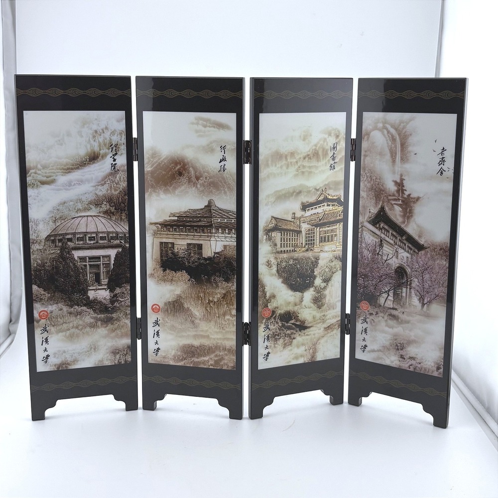 Wuhan University Souvenir 6 Panel Folding Screen Black Lacquer Gold 1893 China